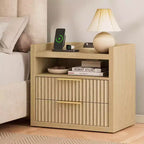 Natural Fluted End Table With Charging Station USB Ports 24 Inch Wide Nightstand 2 Drawers Wood Bedside Table Modern Storage Cabinet Living Room