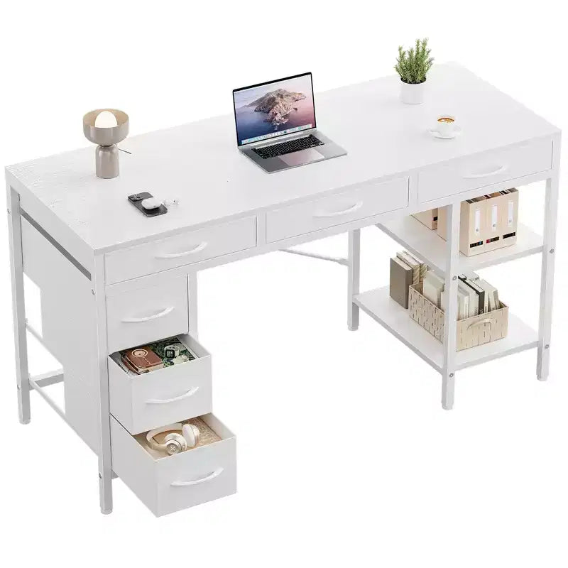 TUYOHW 47/55 Bureau d'ordinateur avec 6 tiroirs en tissu et étagères de rangement ouvertes, bureau pour le télétravail, la salle d'étude, la salle de jeux