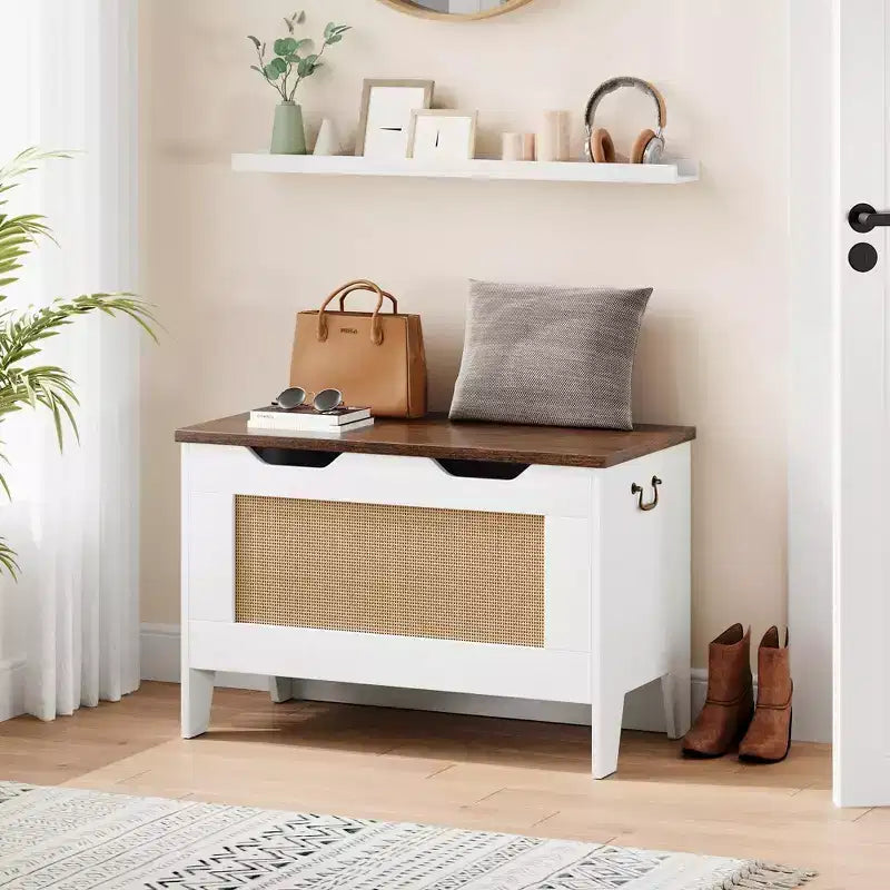 Coffre de rangement, banc de rangement en rotin de 76 cm avec charnière de sécurité, coffre à couvertures à abattant, supporte 159 kg, pour entrée, salon, chambre à coucher