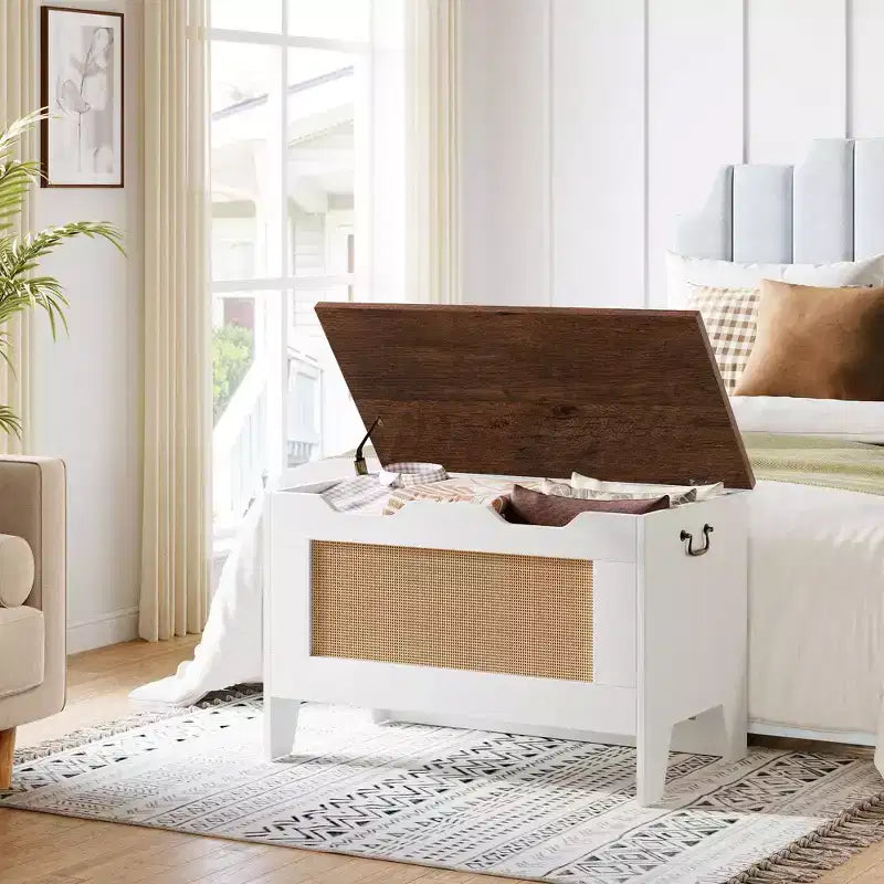 Coffre de rangement, banc de rangement en rotin de 76 cm avec charnière de sécurité, coffre à couvertures à abattant, supporte 159 kg, pour entrée, salon, chambre à coucher