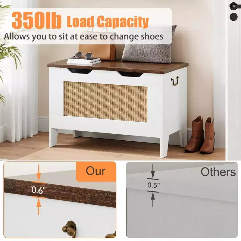 Coffre de rangement, banc de rangement en rotin de 76 cm avec charnière de sécurité, coffre à couvertures à abattant, supporte 159 kg, pour entrée, salon, chambre à coucher