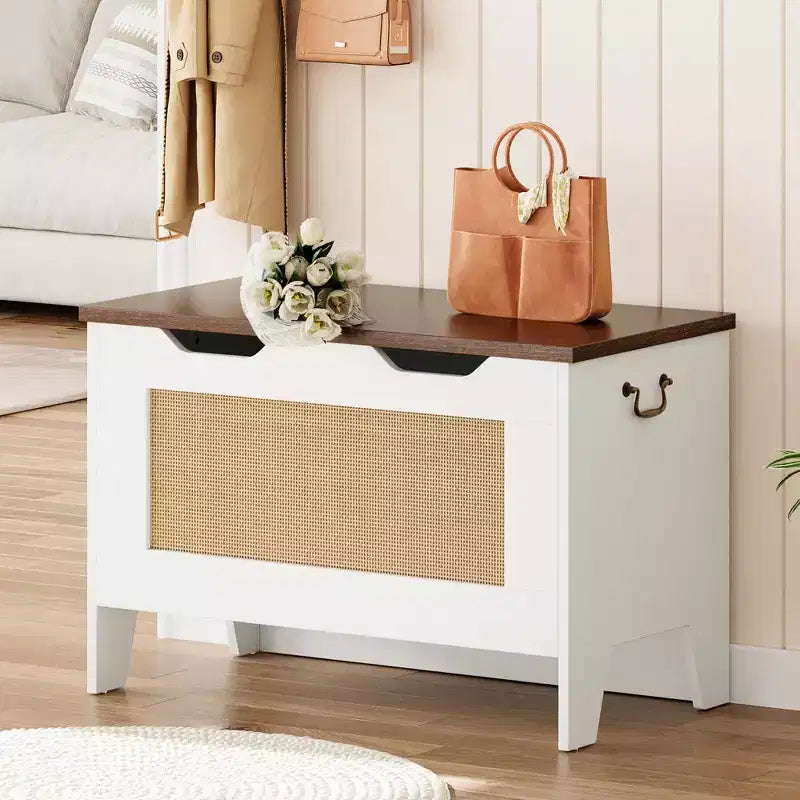 Coffre de rangement, banc de rangement en rotin de 76 cm avec charnière de sécurité, coffre à couvertures à abattant, supporte 159 kg, pour entrée, salon, chambre à coucher
