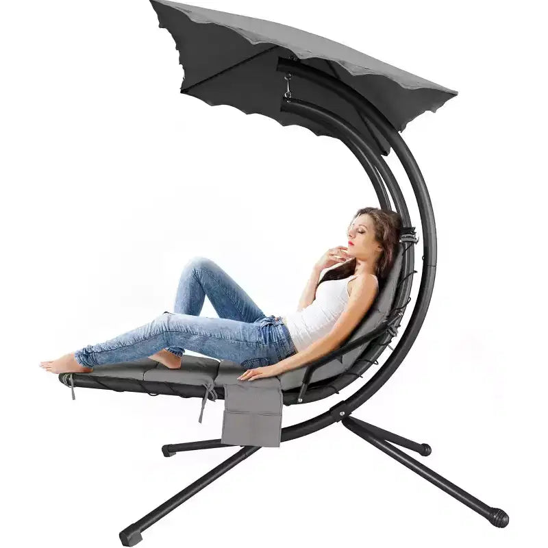 Acekool Chaise longue suspendue, Transat hamac incurvé avec auvent pour extérieur et intérieur, patio, jardin, rouge/vert/gris
