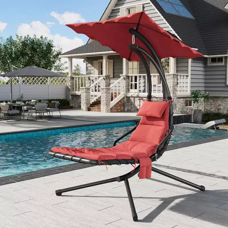 Acekool Chaise longue suspendue, Transat hamac incurvé avec auvent pour extérieur et intérieur, patio, jardin, rouge/vert/gris