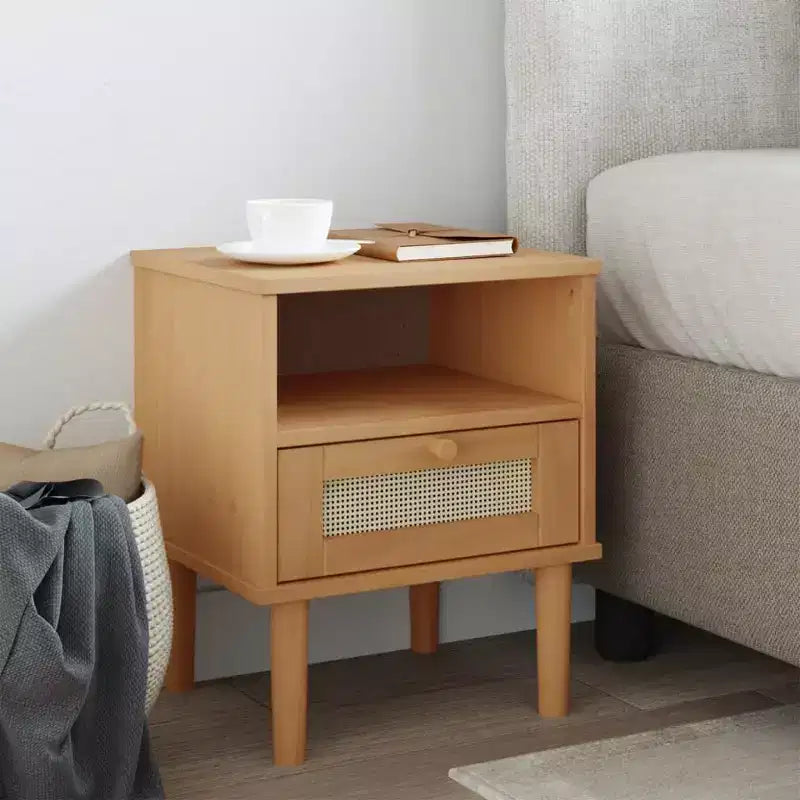 vidaXL Table de Chevet Meuble de Chambre à Coucher SENJA Effet Rotin Bois Massif de Pin, Bois d'Ingénierie - Table de Nuit