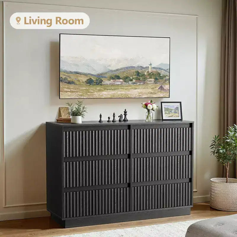 Commode 6 tiroirs KOLIGEY 119 cm de large avec panneaux cannelés ondulés