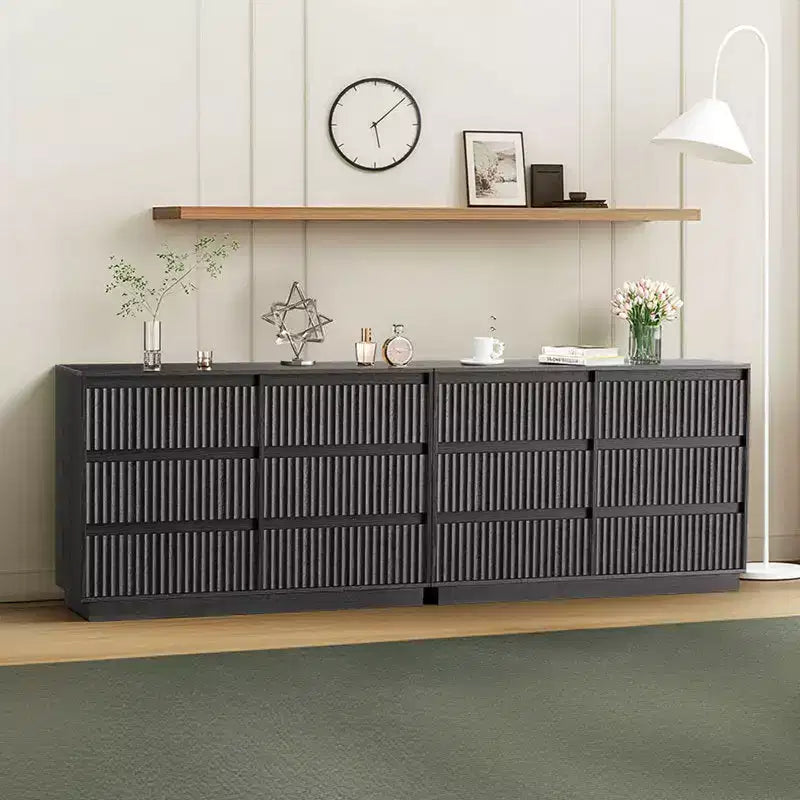 Commode 6 tiroirs KOLIGEY 119 cm de large avec panneaux cannelés ondulés