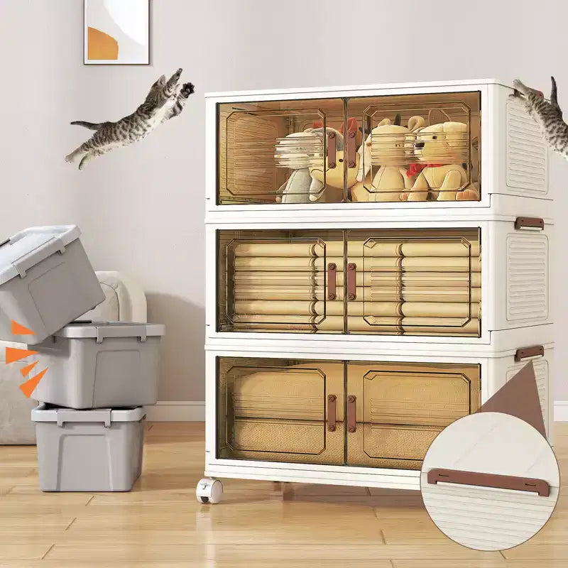 AEELLEEA Bacs de rangement empilables, pliables, avec couvercles, portes et roulettes - Armoire de rangement pliable pour la maison, le dortoir et le bureau