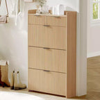 Meuble à chaussures cannelé avec 2 tiroirs basculants, Organisateur de chaussures en bois mince, Meuble d'entrée étroit avec rangement pour petits espaces, Couloir