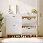 Meuble à chaussures cannelé avec 2 tiroirs basculants, Organisateur de chaussures en bois mince, Meuble d'entrée étroit avec rangement pour petits espaces, Couloir