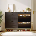 Meuble à chaussures cannelé avec 2 tiroirs basculants, Organisateur de chaussures en bois mince, Meuble d'entrée étroit avec rangement pour petits espaces, Couloir
