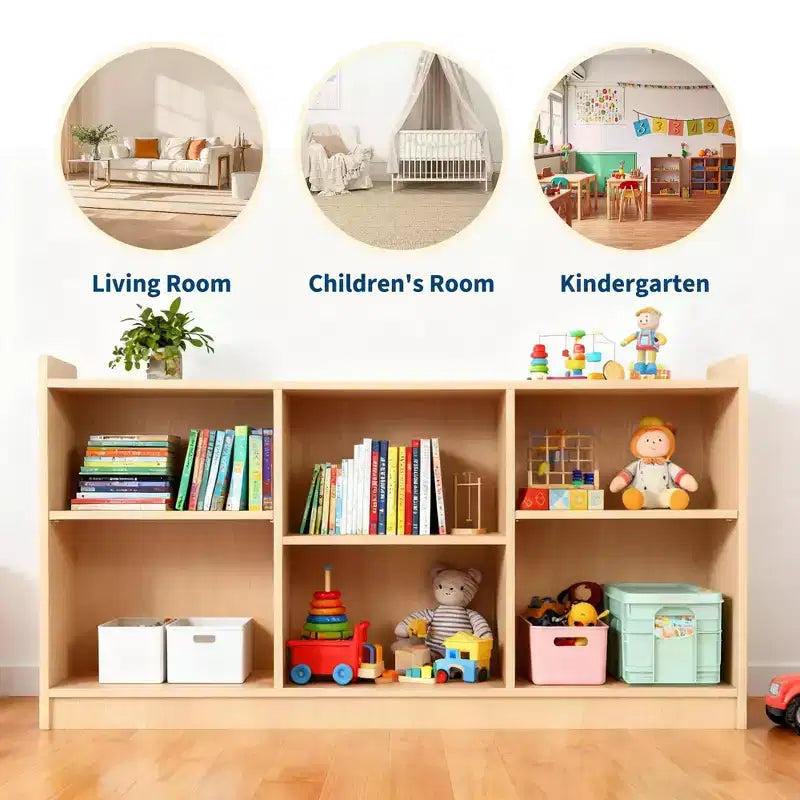 Étagère de rangement Montessori 6 compartiments pour jouets et livres avec diviseurs ajustables, finition naturelle, pour salle de jeux et salle de classe pour enfants