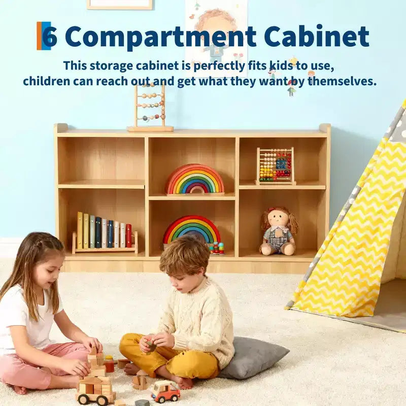 Étagère de rangement Montessori 6 compartiments pour jouets et livres avec diviseurs ajustables, finition naturelle, pour salle de jeux et salle de classe pour enfants
