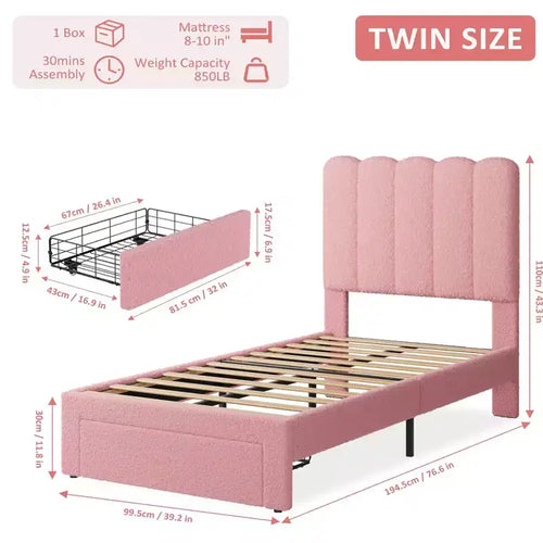 Lit double Acekool pour enfants, cadre de lit rembourré en tissu bouclé avec tiroir de rangement, tête de lit ondulée et lattes en bois solides, sans sommier tapissier, rose