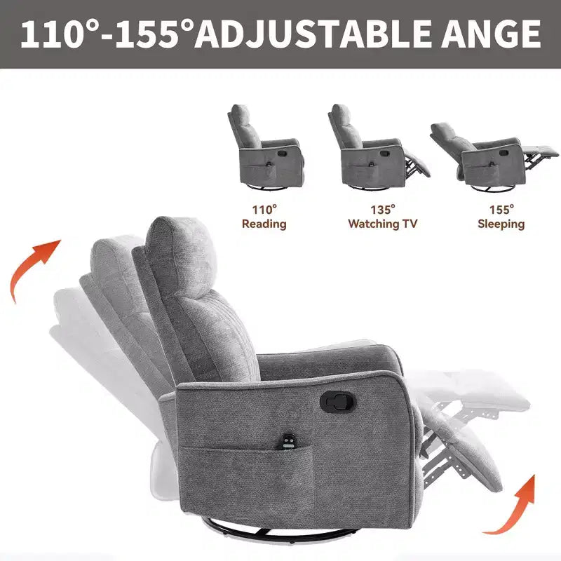 Fauteuil inclinable manuel Chenille Orange de massage chauffant avec fonction bascule et pivot en tissu pour salon