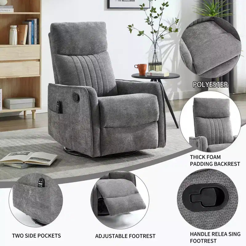 Fauteuil inclinable manuel Chenille Orange de massage chauffant avec fonction bascule et pivot en tissu pour salon
