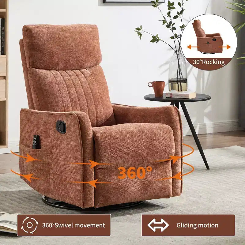 Fauteuil inclinable manuel Chenille Orange de massage chauffant avec fonction bascule et pivot en tissu pour salon
