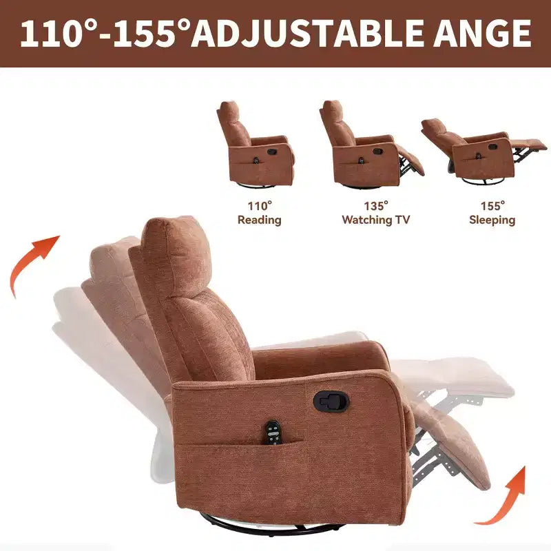Fauteuil inclinable manuel Chenille Orange de massage chauffant avec fonction bascule et pivot en tissu pour salon