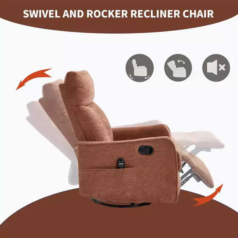 Fauteuil inclinable manuel Chenille Orange de massage chauffant avec fonction bascule et pivot en tissu pour salon