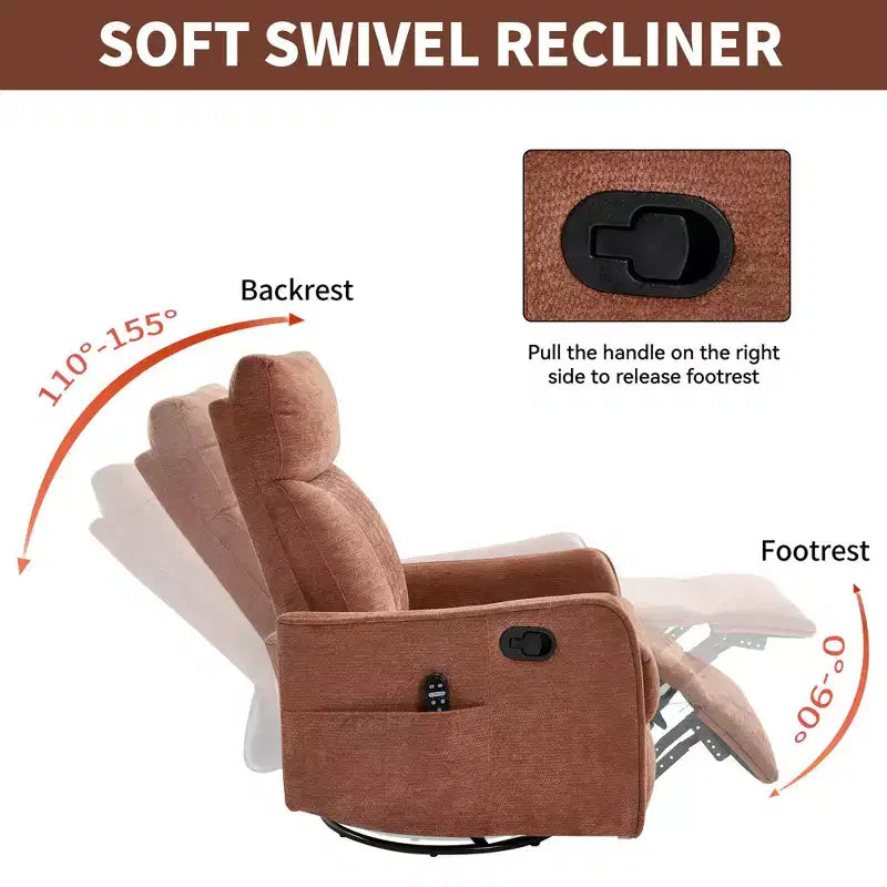 Fauteuil inclinable manuel Chenille Orange de massage chauffant avec fonction bascule et pivot en tissu pour salon