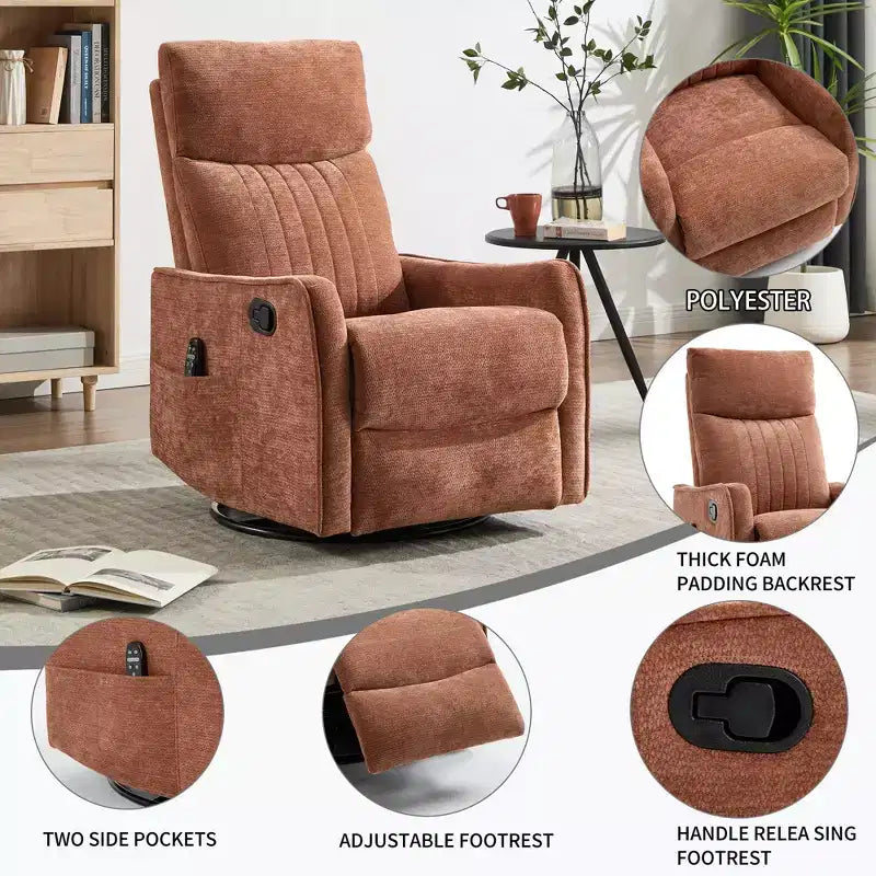Fauteuil inclinable manuel Chenille Orange de massage chauffant avec fonction bascule et pivot en tissu pour salon