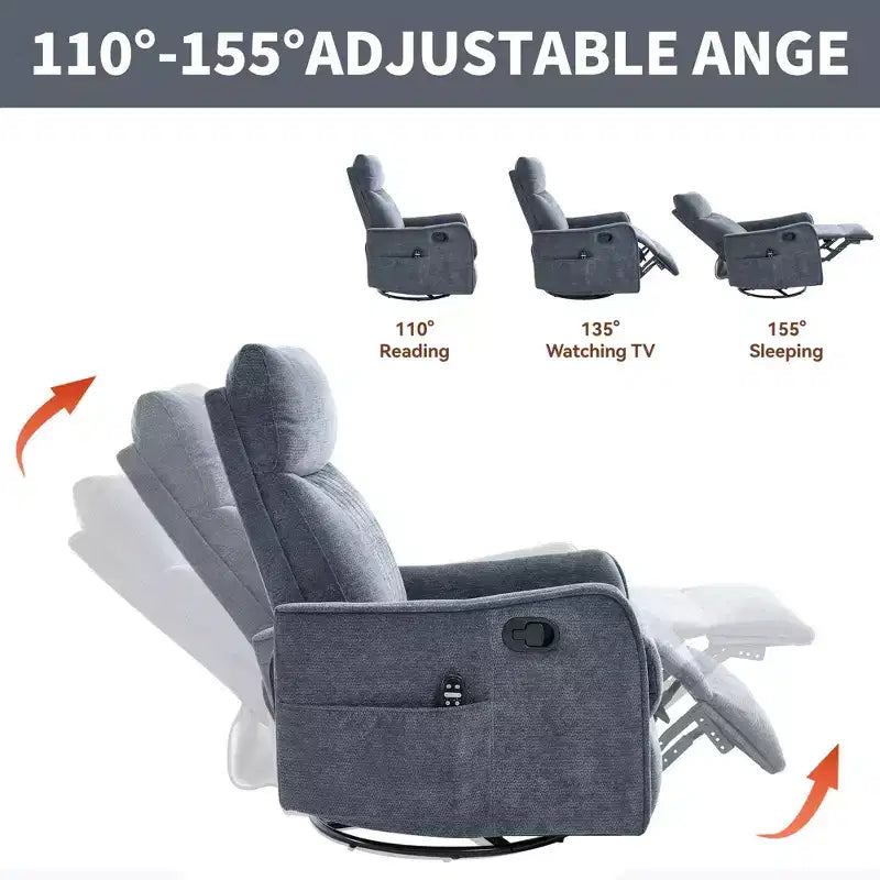 Fauteuil inclinable manuel Chenille Orange de massage chauffant avec fonction bascule et pivot en tissu pour salon