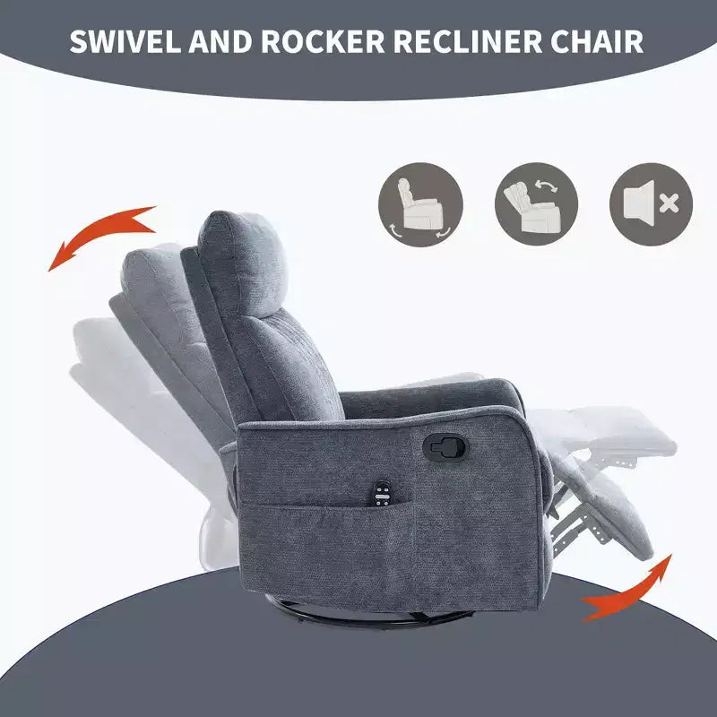 Fauteuil inclinable manuel Chenille Orange de massage chauffant avec fonction bascule et pivot en tissu pour salon
