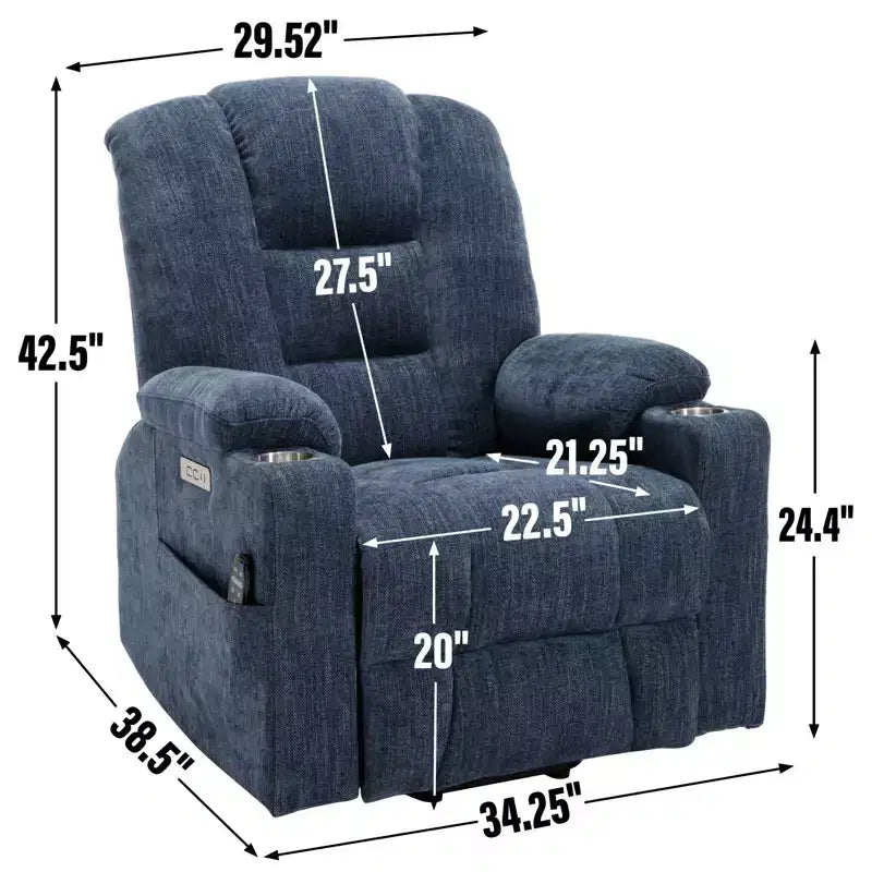 Fauteuil releveur inclinable large en chenille grise avec massage et chaleur, 2 porte-gobelets en acier pour personnes âgées