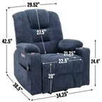 Fauteuil releveur inclinable large en chenille grise avec massage et chaleur, 2 porte-gobelets en acier pour personnes âgées