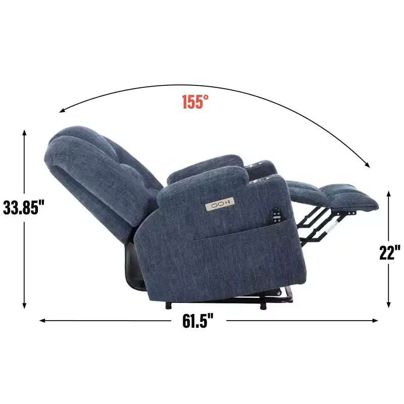 Fauteuil releveur inclinable large en chenille grise avec massage et chaleur, 2 porte-gobelets en acier pour personnes âgées