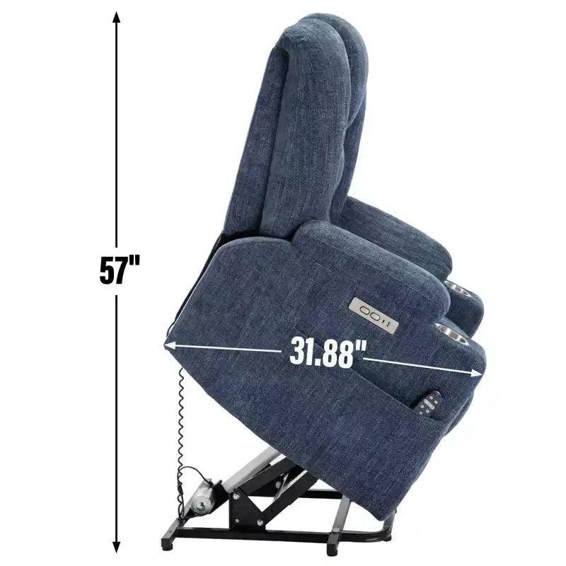 Fauteuil releveur inclinable large en chenille grise avec massage et chaleur, 2 porte-gobelets en acier pour personnes âgées