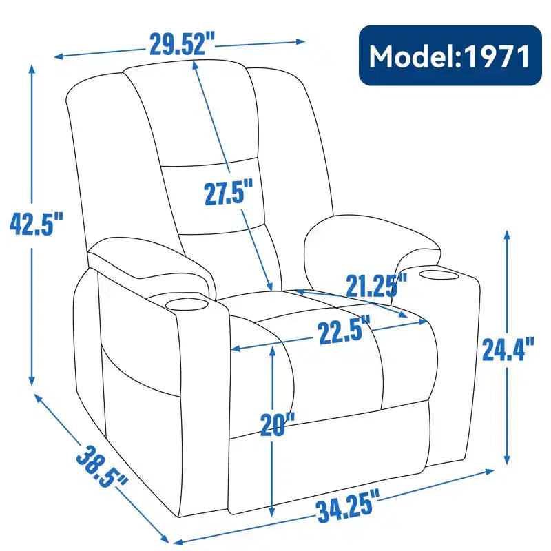 Fauteuil releveur inclinable large en chenille grise avec massage et chaleur, 2 porte-gobelets en acier pour personnes âgées