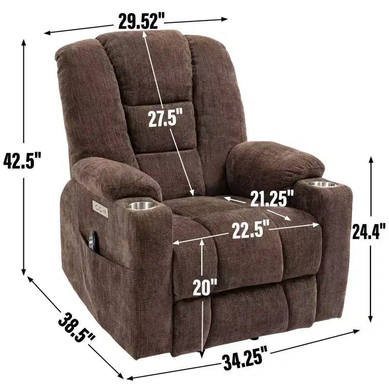 Fauteuil releveur inclinable large en chenille grise avec massage et chaleur, 2 porte-gobelets en acier pour personnes âgées