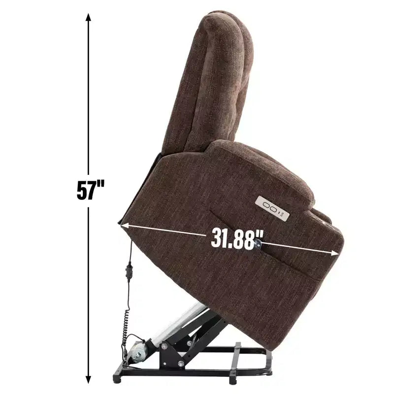 Fauteuil releveur inclinable large en chenille grise avec massage et chaleur, 2 porte-gobelets en acier pour personnes âgées