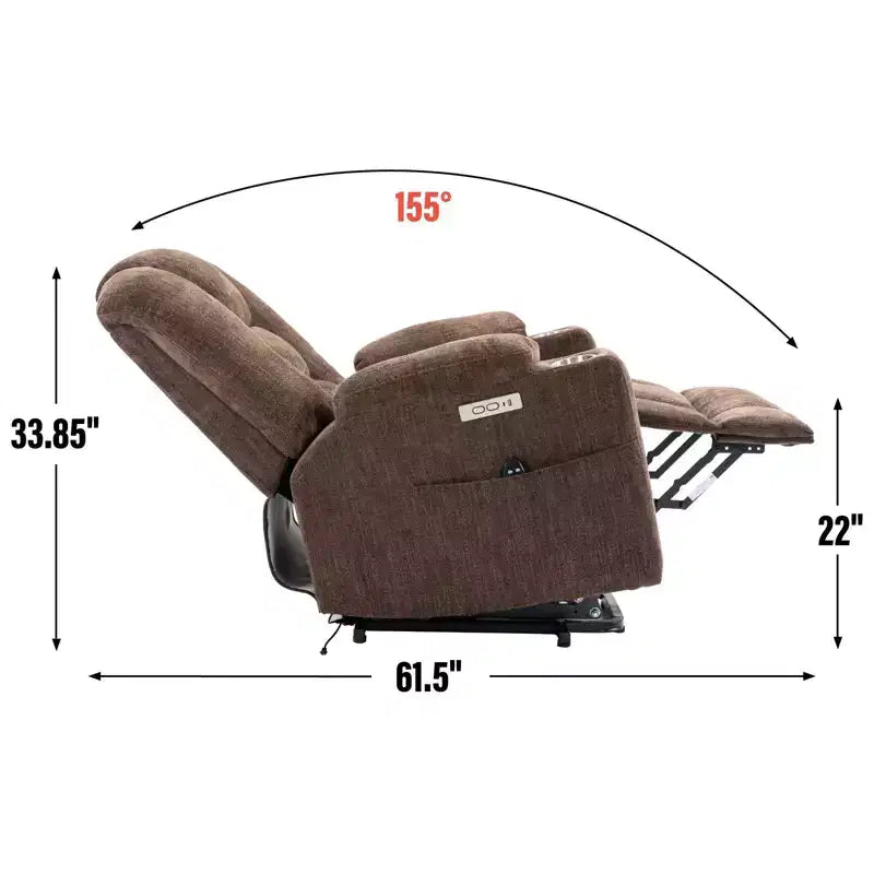Fauteuil releveur inclinable large en chenille grise avec massage et chaleur, 2 porte-gobelets en acier pour personnes âgées