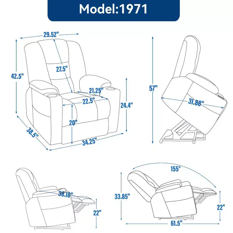 Fauteuil releveur inclinable large en chenille grise avec massage et chaleur, 2 porte-gobelets en acier pour personnes âgées