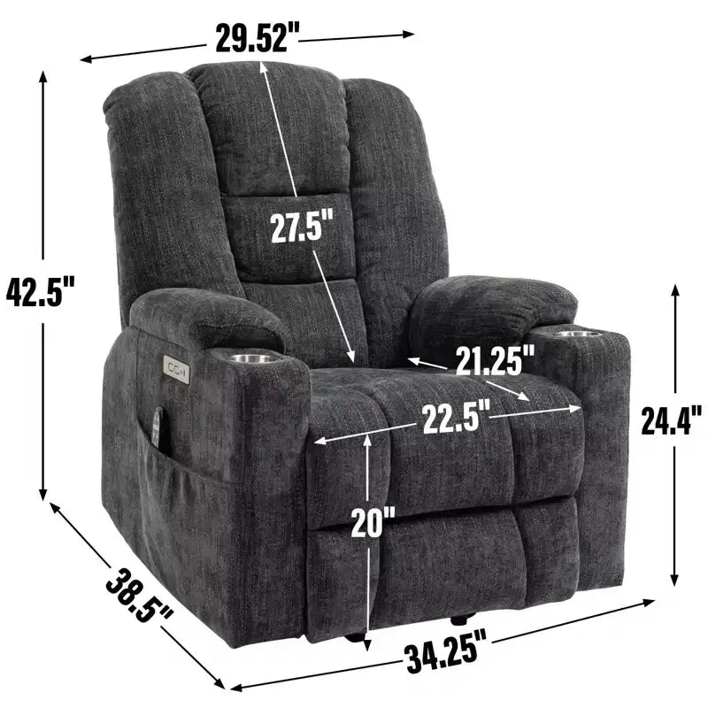 Fauteuil releveur inclinable large en chenille grise avec massage et chaleur, 2 porte-gobelets en acier pour personnes âgées