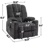 Fauteuil releveur inclinable large en chenille grise avec massage et chaleur, 2 porte-gobelets en acier pour personnes âgées