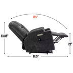Fauteuil releveur inclinable large en chenille grise avec massage et chaleur, 2 porte-gobelets en acier pour personnes âgées