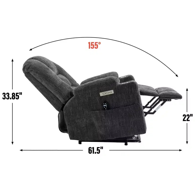 Fauteuil releveur inclinable large en chenille grise avec massage et chaleur, 2 porte-gobelets en acier pour personnes âgées