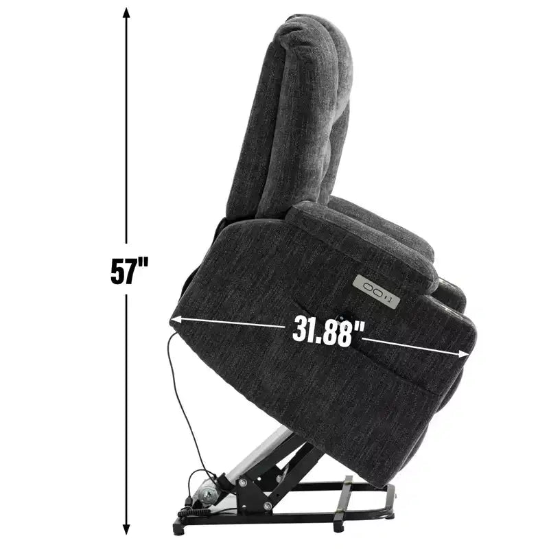 Fauteuil releveur inclinable large en chenille grise avec massage et chaleur, 2 porte-gobelets en acier pour personnes âgées