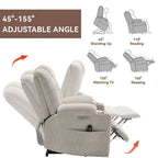 Fauteuil releveur inclinable large en chenille grise avec massage et chaleur, 2 porte-gobelets en acier pour personnes âgées