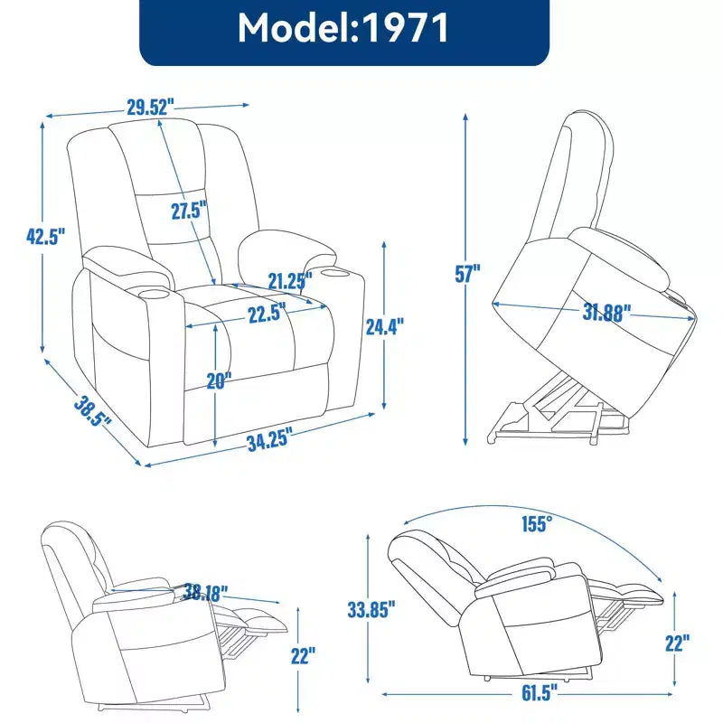 Fauteuil releveur inclinable large en chenille grise avec massage et chaleur, 2 porte-gobelets en acier pour personnes âgées