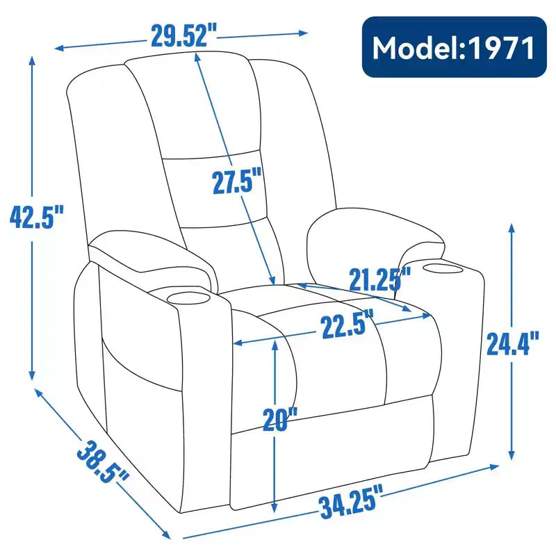 Fauteuil releveur inclinable large en chenille grise avec massage et chaleur, 2 porte-gobelets en acier pour personnes âgées