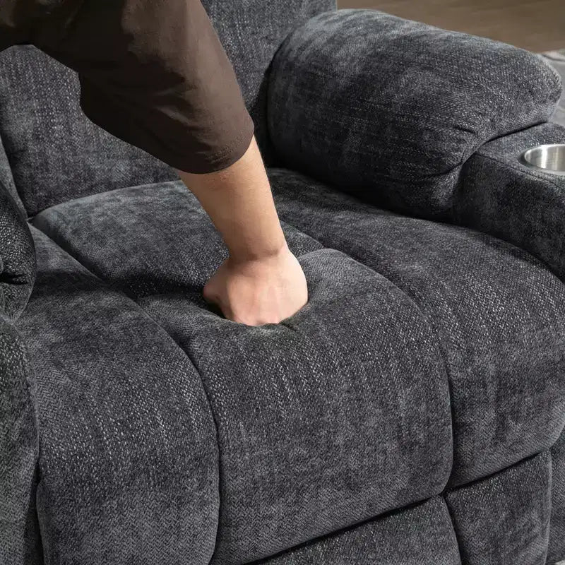 Fauteuil releveur inclinable large en chenille grise avec massage et chaleur, 2 porte-gobelets en acier pour personnes âgées