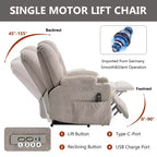 Fauteuil releveur inclinable large en chenille grise avec massage et chaleur, 2 porte-gobelets en acier pour personnes âgées