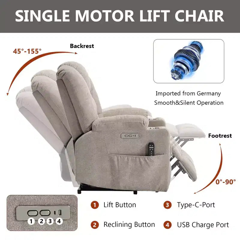 Fauteuil releveur inclinable large en chenille grise avec massage et chaleur, 2 porte-gobelets en acier pour personnes âgées