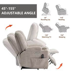 Fauteuil releveur inclinable large en chenille grise avec massage et chaleur, 2 porte-gobelets en acier pour personnes âgées