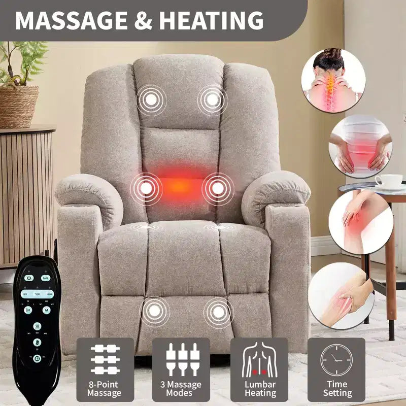 Fauteuil releveur inclinable large en chenille grise avec massage et chaleur, 2 porte-gobelets en acier pour personnes âgées
