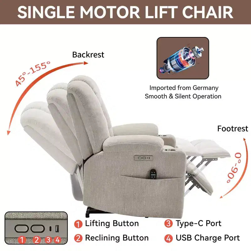 Fauteuil releveur inclinable large en chenille grise avec massage et chaleur, 2 porte-gobelets en acier pour personnes âgées